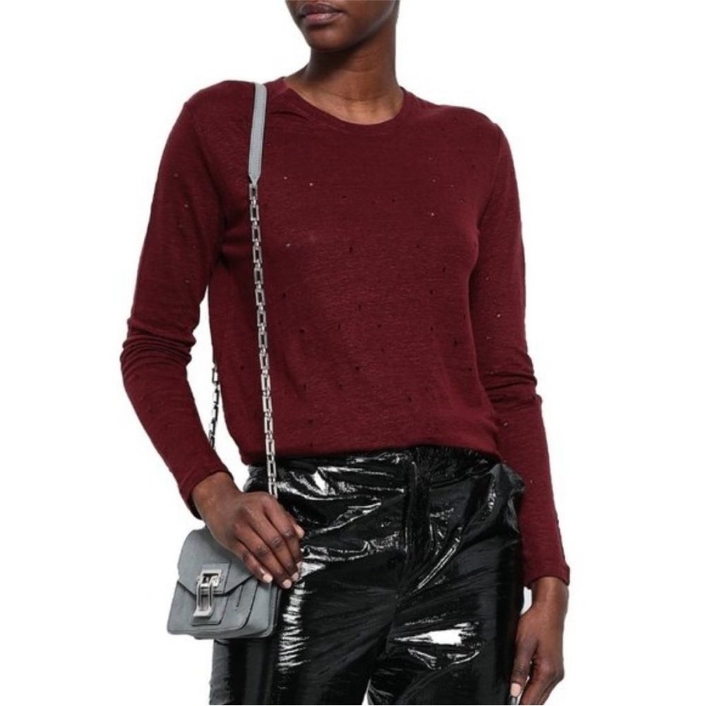 IRO Marvina Distressed‎ Burgundy Linen Long Sleeve Shirt Size XS